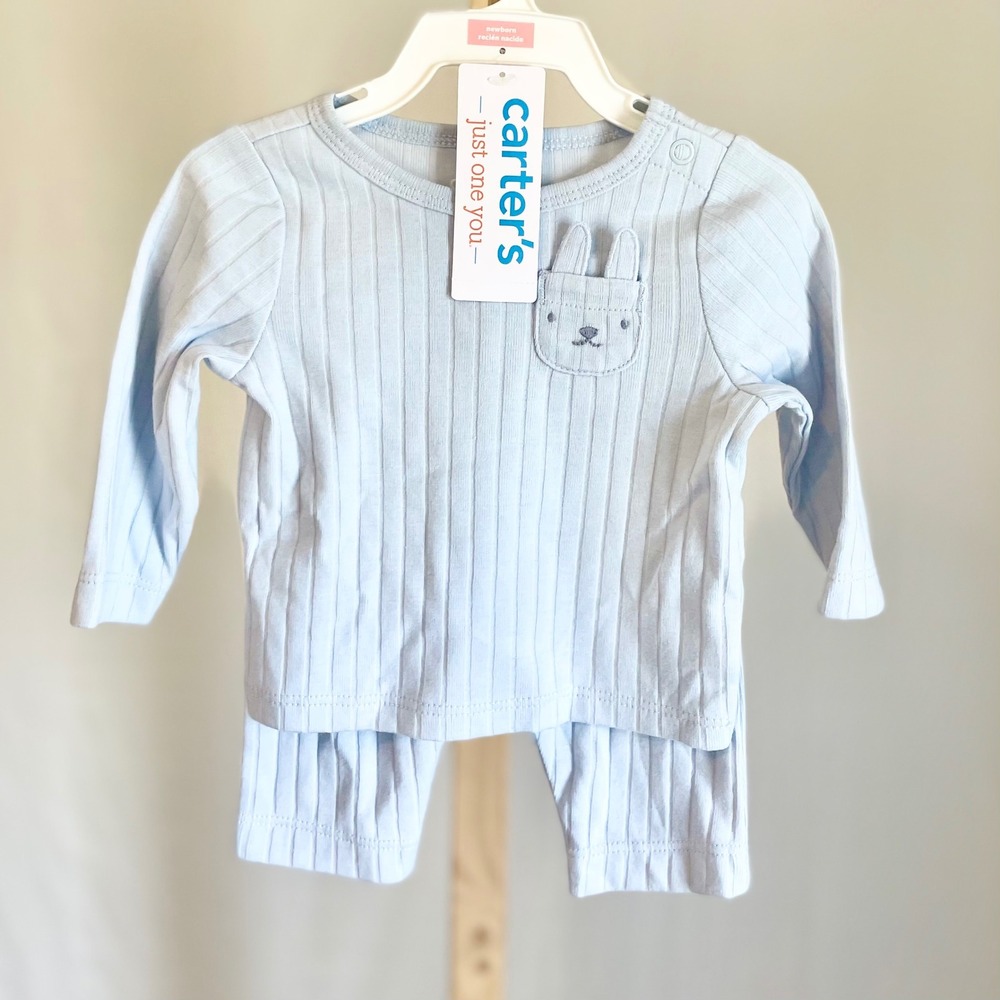 Carters Just One You Newborn Light Blue Ribbed Bunny Pocket‎ 2pc Set NWT